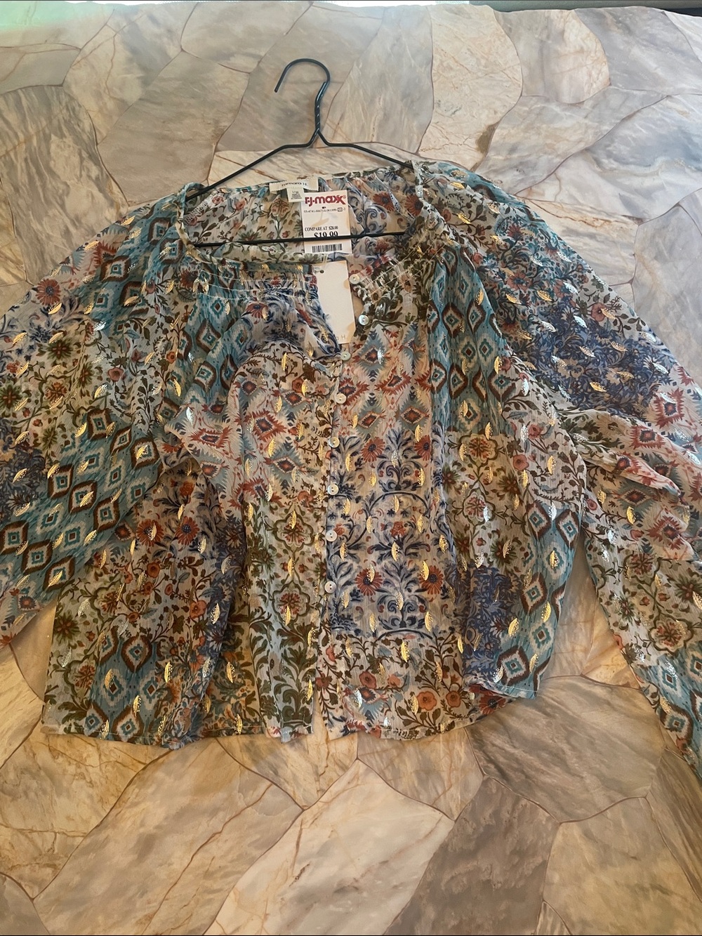 Bohemian Floral Button-Front Blouse in Teal Multi